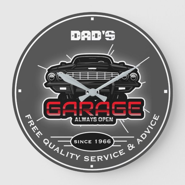 Dad's Garage or Any Name Always Open Grey Large Clock (Front)