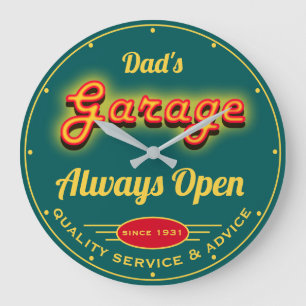 Dad's Garage Red Yellow Neon Effect Date Name Teal Large Clock