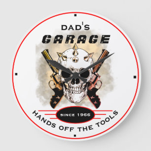 Dad's Garage Tools Warning Guns Skull Funny Large Clock
