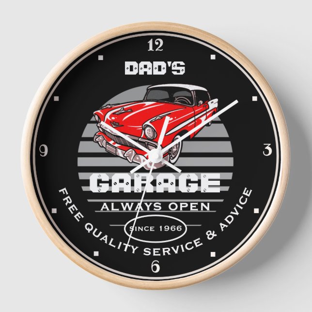 Dad's or Any Name Garage Always Open Slogan Car Clock (Front)