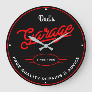 Dad's or Any Name Garage Retro Red and Slogan Large Clock