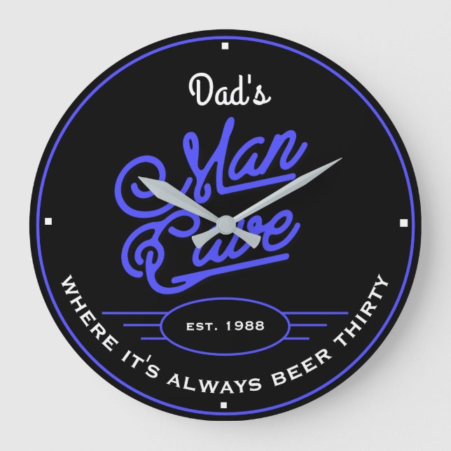 Dad's or Any Name Man Cave Retro Blue with Slogan Large Clock (Front)
