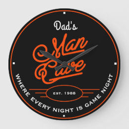 Dad's or Any Name Man Cave Retro Orange Red Black Large Clock