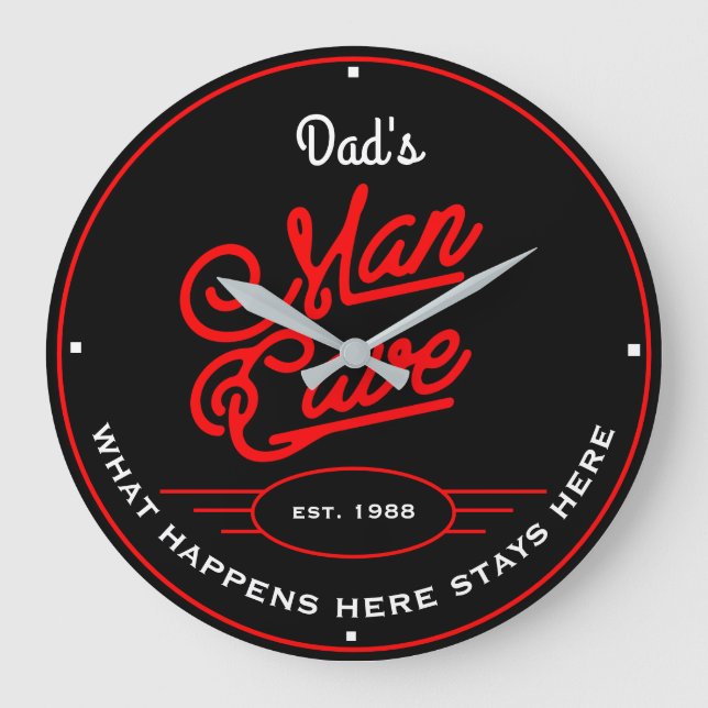 Dad's or Any Name Man Cave Retro Red and Slogan Large Clock (Front)