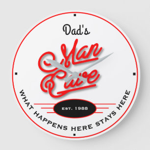 Dad's or Any Name Man Cave Retro Red Slogan White Large Clock