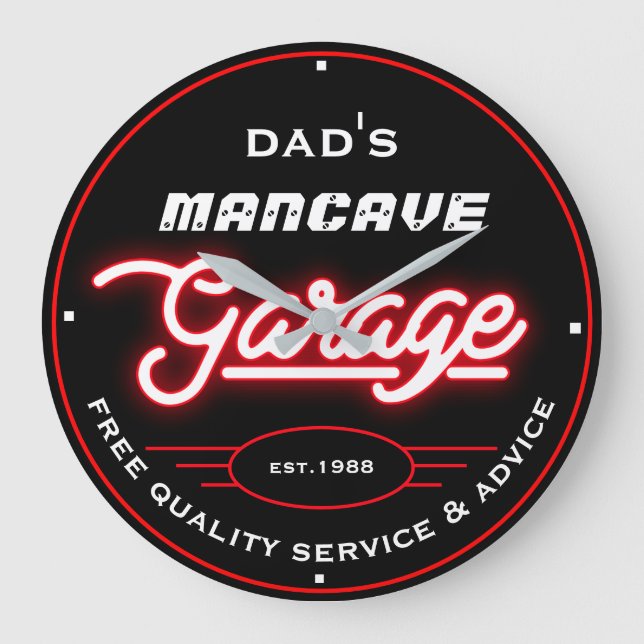 Dad's or Any Name Mancave Garage Red White Retro Large Clock (Front)