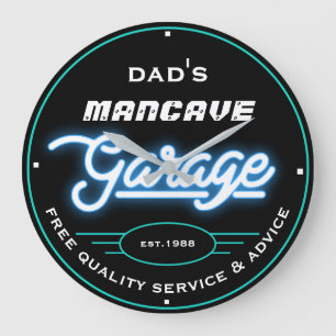 Dad's or Any Name Mancave Garage Teal Colour Retro Large Clock
