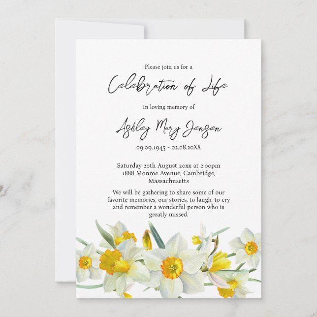 Daffodil Celebration of Life Photo Funeral  Invitation (Back)