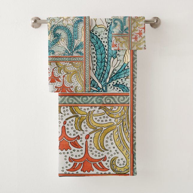 Daffodil chintz art nouveau flower wallpaper bath towel set (Insitu)