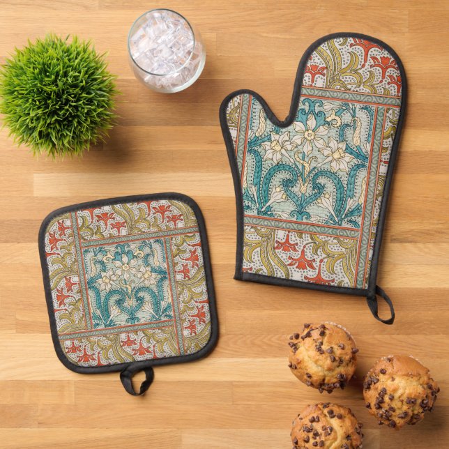 Daffodil chintz art nouveau flower wallpaper oven mitt & pot holder set (Top Down)