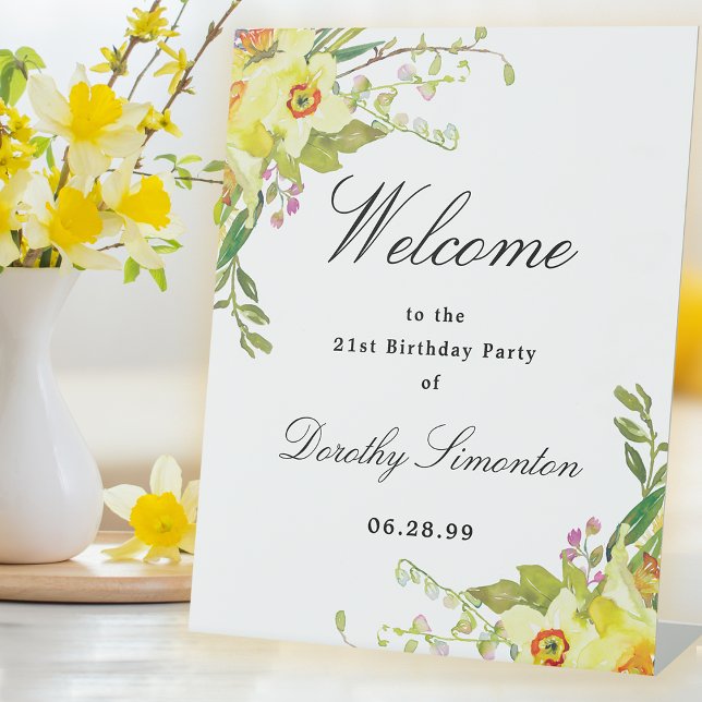 Daffodil Floral 21st Birthday Party Welcome Pedestal Sign (Creator Uploaded)