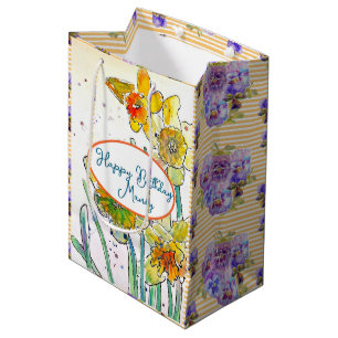 Daffodil floral flower Watercolor Womans Name Medium Gift Bag