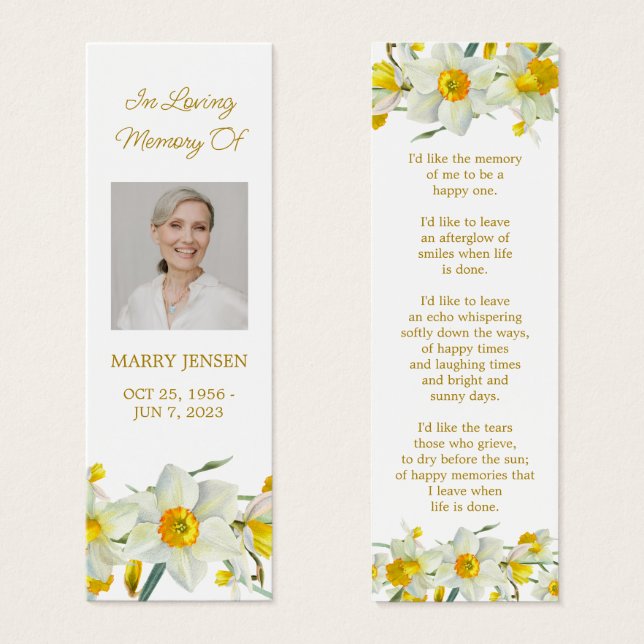 Daffodil Floral Photo Funeral Memorial Bookmark (Front & Back)