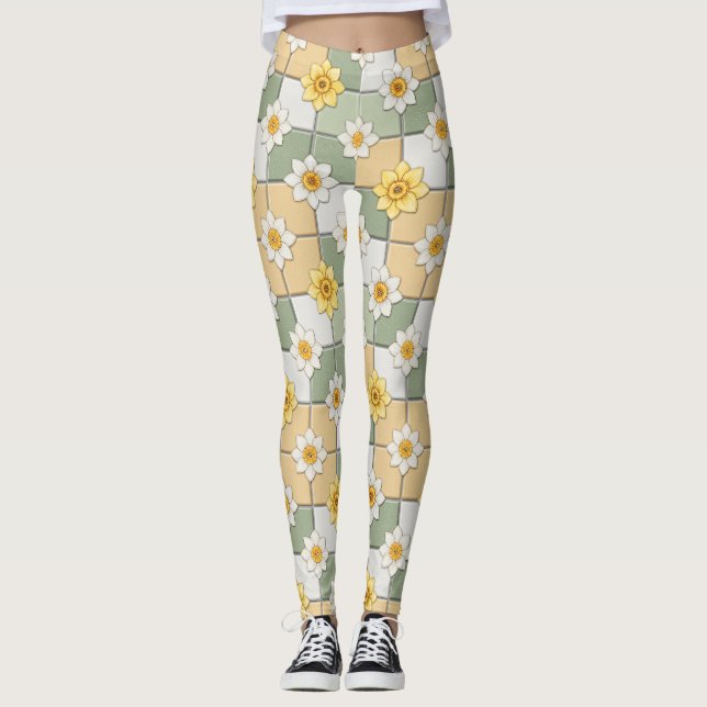 Daffodil Floral Tile Pattern Leggings (Front)