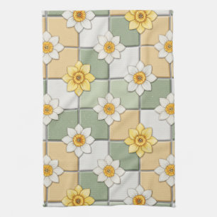 Daffodil Floral Tile Pattern Tea Towel