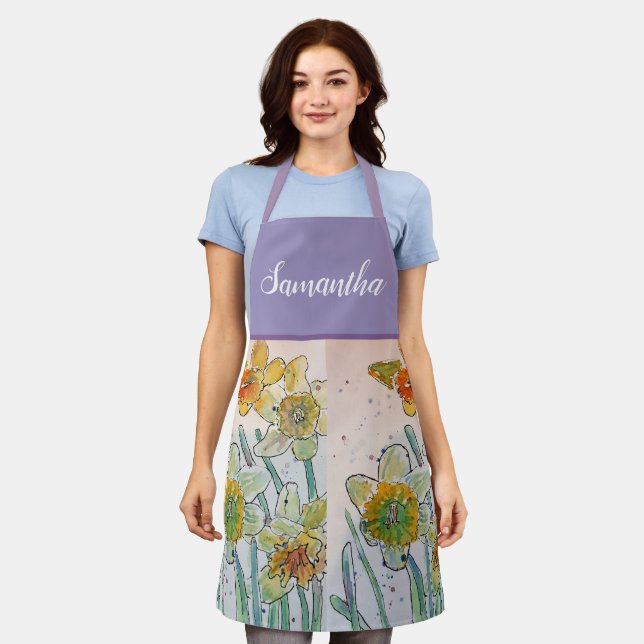 Daffodil Floral Yellow Viola Spring Flower Pattern Apron (Worn)