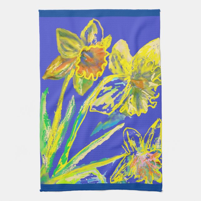 Daffodil Flower Floral Spring Watercolour Blue Tea Tea Towel (Vertical)