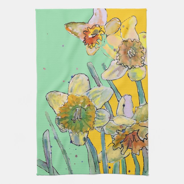 Daffodil Flower Floral Spring Watercolour Mint Tea Towel (Vertical)