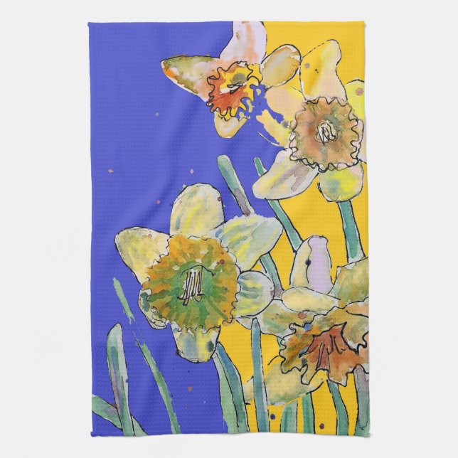 Daffodil Flower Floral Spring Watercolour Navy Tea Towel (Vertical)