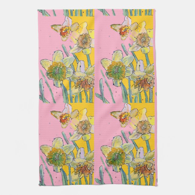 Daffodil Flower Floral Spring Watercolour Pink Tea Tea Towel (Vertical)