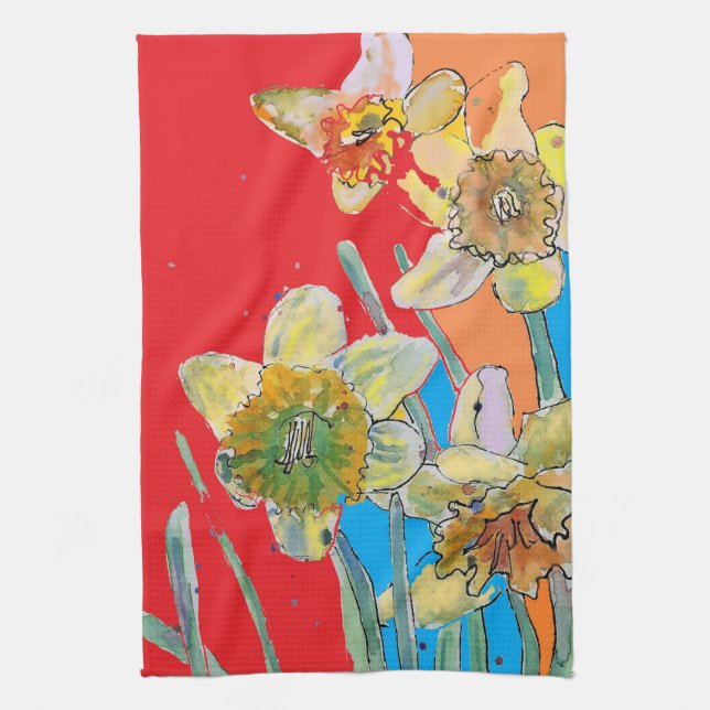 Daffodil Flower Floral Spring Watercolour Red Tea Towel (Vertical)