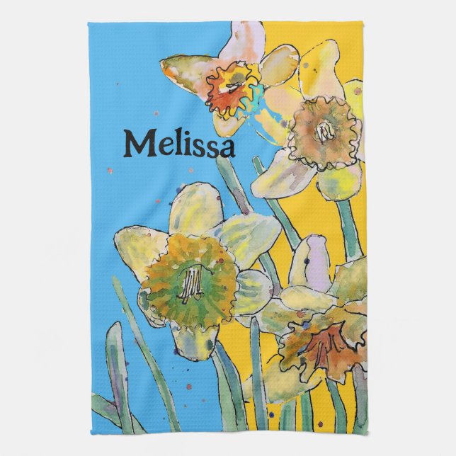 Daffodil Flower Floral Spring Watercolour Womens Tea Towel (Vertical)