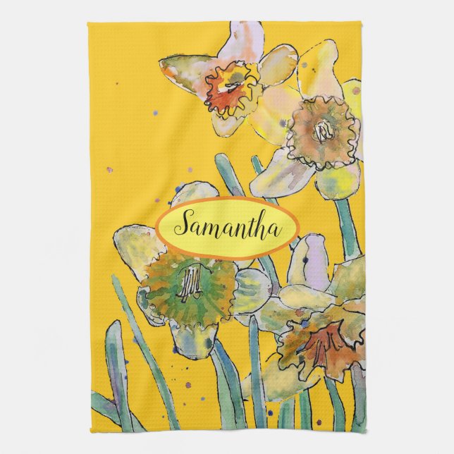Daffodil Flower Floral Spring Watercolour Yellow T Tea Towel (Vertical)