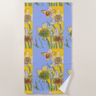 Daffodil Flower Floral Watercolor Lavender Yellow  Beach Towel