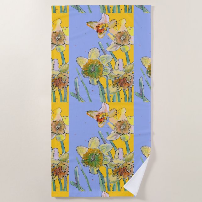 Daffodil Flower Floral Watercolor Lavender Yellow  Beach Towel (Front)