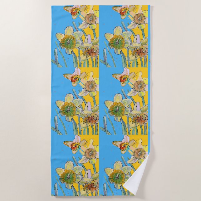 Daffodil Flower Floral Watercolor Light Blue Beach Towel (Front)