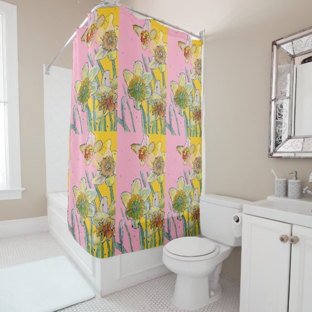 Daffodil Flower Floral Watercolor Pink Yellow  Shower Curtain (In Situ)