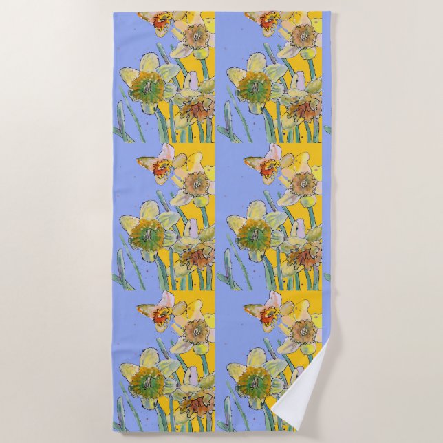 Daffodil Flower Floral Watercolor Purple Lilac Beach Towel (Front)