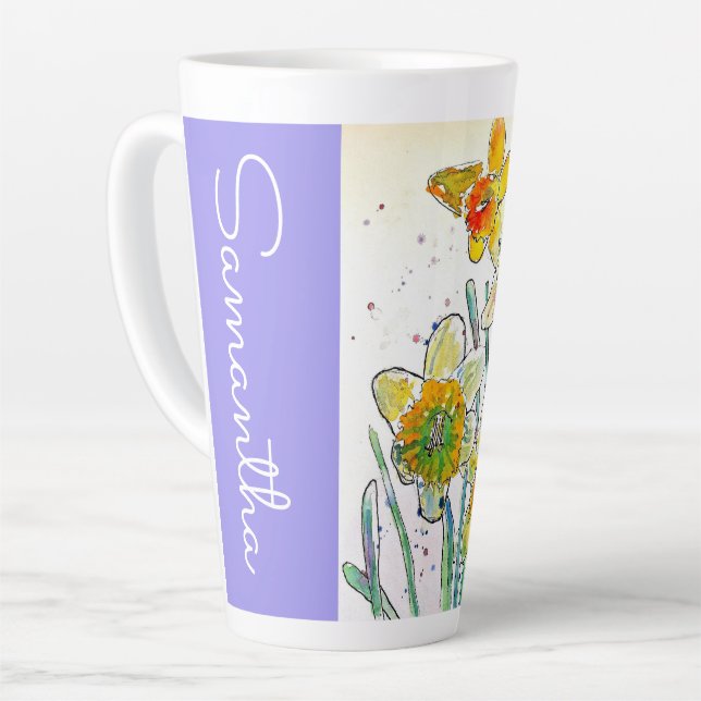 Daffodil Flower Floral Watercolor Womans Name Latte Mug (Left Angle)
