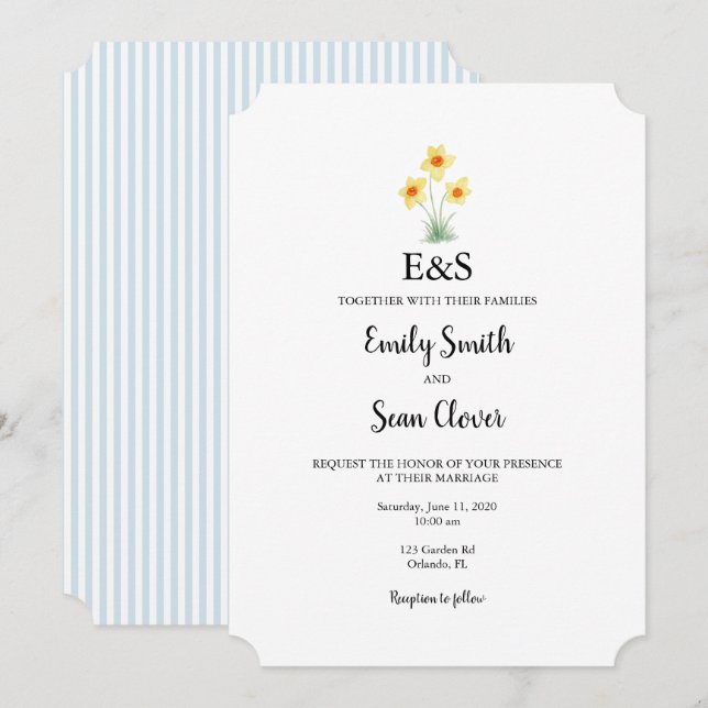 Daffodil Flower Wedding Monogram Blue Stripe Invitation (Front/Back)