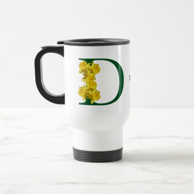 Daffodil Monogram Initial D Personalised Travel Mug (Left)