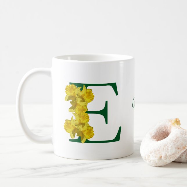 Daffodil Monogram Initial E Personalised Coffee Mug (With Donut)