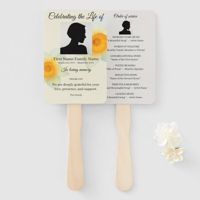 Daffodil order of service hand fan (Front and Back)