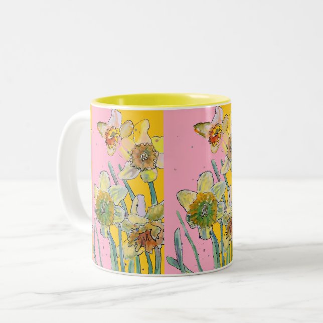 Daffodil Painting Hand Painted Yellow Pink floral  Two-Tone Coffee Mug (Front Left)