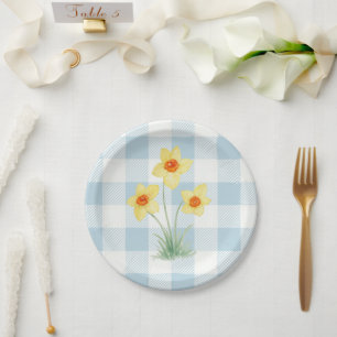 Daffodil Painting Spring Blue Gingham Coastal Paper Plate