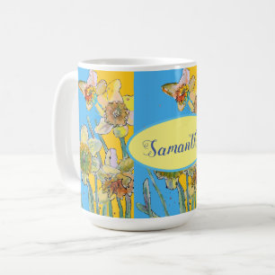 Daffodil Painting Watercolor Yellow Blue floral Coffee Mug