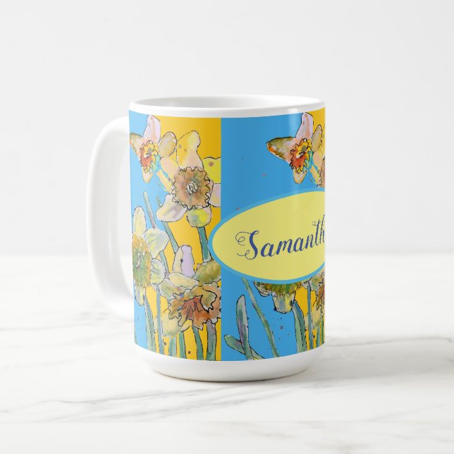 Daffodil Painting Watercolor Yellow Blue floral  Coffee Mug (Front Left)