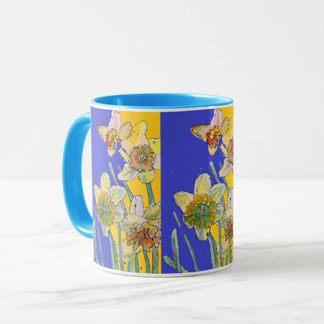Daffodil Painting Watercolor Yellow Blue floral Mu Mug (Front Left)