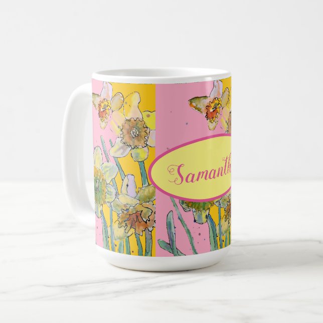 Daffodil Painting Watercolor Yellow Pink floral Coffee Mug (Front Left)