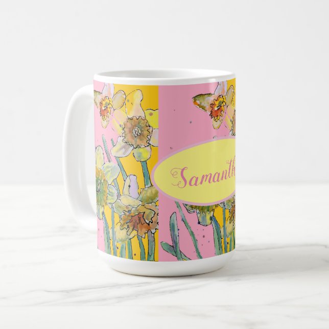 Daffodil Painting Watercolor Yellow Pink floral Coffee Mug (Front Left)