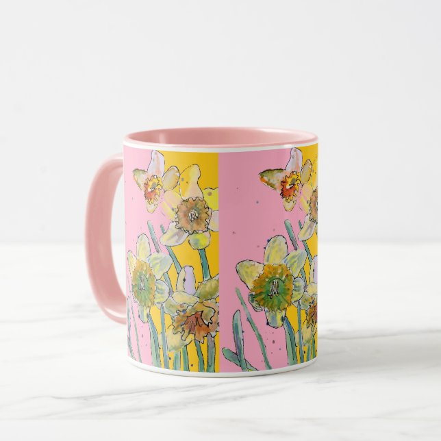 Daffodil Painting Watercolor Yellow Pink floral  M Mug (Front Left)