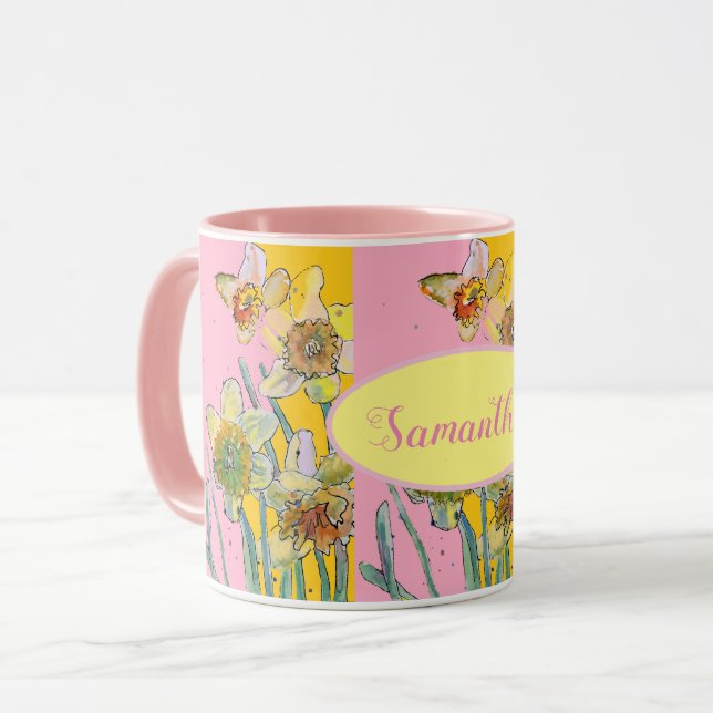 Daffodil Painting Watercolor Yellow Pink floral Mug (Front Left)