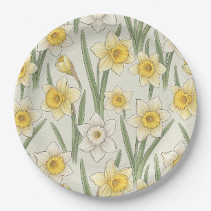 Daffodil Spring Floral in Soft Yellow and Green 3 Paper Plate