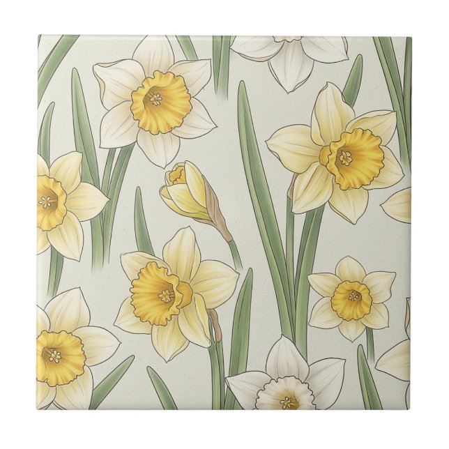 Daffodil Spring Floral in Soft Yellow and Green 3 Tile (Front)