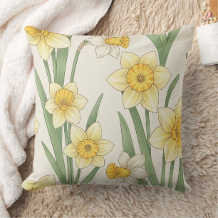 Daffodil Spring Floral in Soft Yellow and Green 4 Cushion