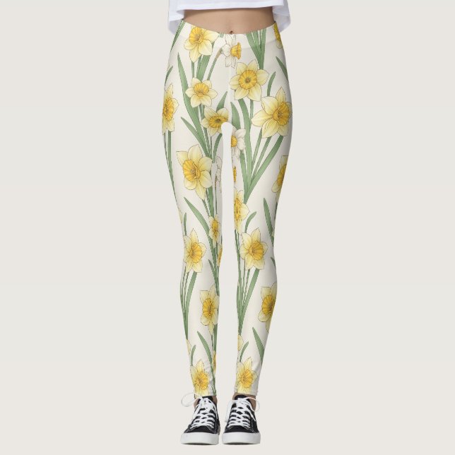 Daffodil Spring Floral in Soft Yellow and Green 4 Leggings (Front)